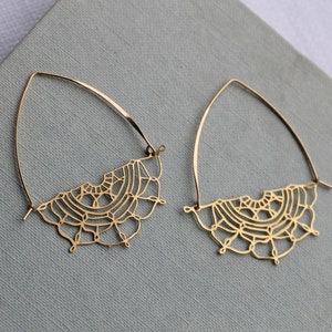 Gold Flower Hoop Earrings, Art Nouveau Bohemian Gold Chandeliers, Statement Gold Earrings, Medium Mid Size Hoop Earrings, GOLD LACE HOOPS image 3