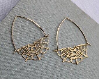 Gold Flower Hoop Earrings, Art Nouveau Bohemian Gold Chandeliers, Statement Gold Earrings, Medium Mid Size Hoop Earrings, GOLD LACE HOOPS