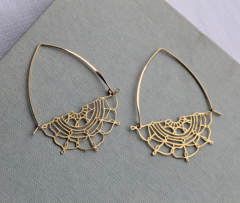 Gold Flower Hoop Earrings, Art Nouveau Bohemian Gold Chandeliers, Statement Gold Earrings, Medium Mid Size Hoop Earrings, GOLD LACE HOOPS image 3