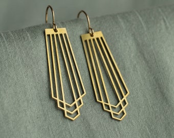 Gold Art Deco Earrings, Minimalist Gold Earrings, Gold Geometric Drop Earrings, Geometric Chrysler Vintage Modern CUTOUT CHRYSLER EAR Gold