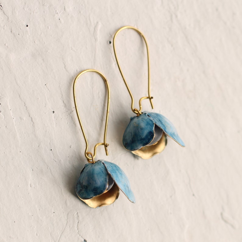 Bluebell Earrings ... Vintage Brass Blue Cornflower Gold Flower Bud, BLUEBELL EARRINGS image 4