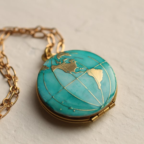 Map Locket Necklace, Personalised Globe Necklace, Planet Earth, Personalized Necklace, Turquoise Locket, Travel Gift, NEW MAP WEST