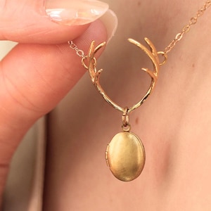 Personalized Antler Locket Necklace, Stag's Head Deer Locket with Photos, LKGP-2