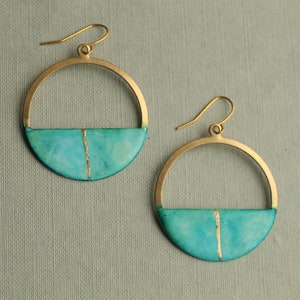 Turquoise Blue Hoop Earrings, Aqua Statement Earrings, Real Gold Leaf, Sea Green Ocean, Kintsugi Gift Idea, TURQ KINTSUGI HOOP image 1