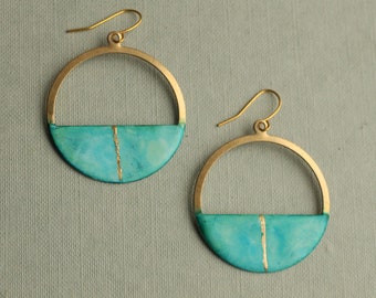 Créoles bleu turquoise, boucles d'oreilles turquoise, véritable feuille d'or, océan vert océan, idée cadeau Kintsugi, créoles KINTSUGI TURQ