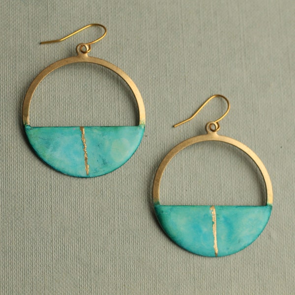 Créoles bleu turquoise, boucles d'oreilles turquoise, véritable feuille d'or, océan vert océan, idée cadeau Kintsugi, créoles KINTSUGI TURQ