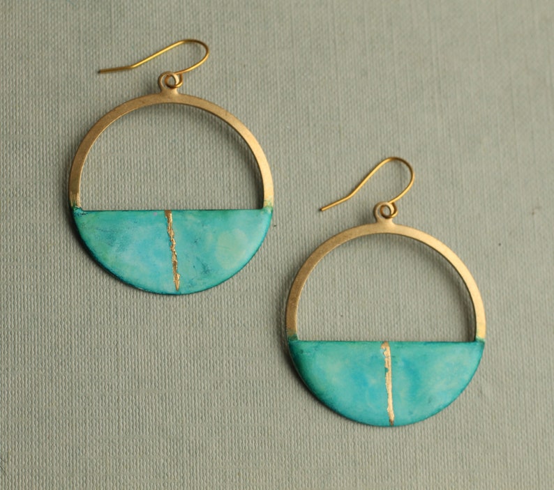 Turquoise Blue Hoop Earrings, Aqua Statement Earrings, Real Gold Leaf, Sea Green Ocean, Kintsugi Gift Idea, TURQ KINTSUGI HOOP image 1