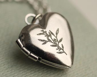 Silver Engraved Heart Locket with Photos: Dainty Personalized Custom Pendant LKSP-24