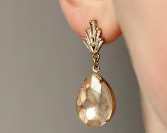Art Deco Champagne Earrings: Antique 1920s Bridal Earrings for Wedding