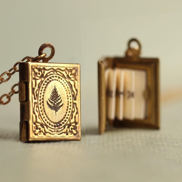 Personalized Fern Book Locket Necklace: Victorian Gold Photo Keepsake, LKGP-5