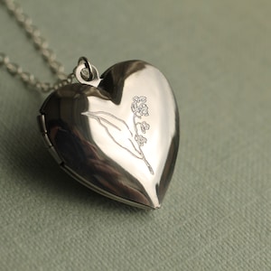 Massive Sterling Silber Herz Medaillon Halskette, personalisierte Medaillon mit Fotos und Gravur, Gedenkgeschenk, Geburt Blumen Medaillon LKST-21