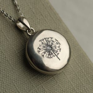 Dandelion Locket Necklace with Photos: Personalized Sterling Silver Pendant with Engraving, LKST-8