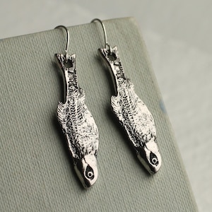 Silver Sardine Fish Drop Earrings: Novelty Gift