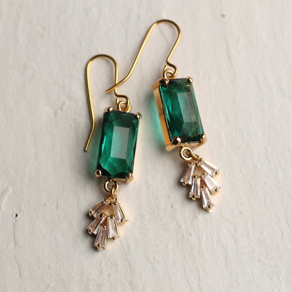 Art Deco Emerald Earrings, Art Nouveau, Baguette Rectangle Green Diamond Drop Earrings 1920 Chrysler Vintage EMERALD BAR CRYSTALCHRYSLER