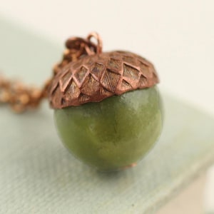 Olive Green Jade Acorn Necklace: Autumn Fall Jewelry, Antique Copper