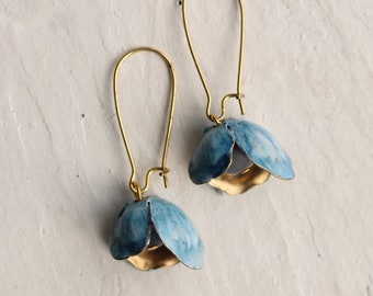 Bluebell Earrings ... Vintage Brass Blue Cornflower Gold Flower Bud, BLUEBELL EARRINGS