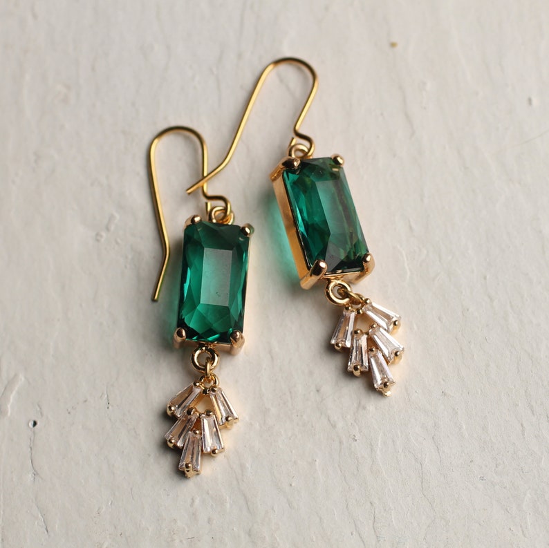 Art Deco Emerald Earrings, Art Nouveau, Baguette Rectangle Green Diamond Drop Earrings 1920 Chrysler Vintage EMERALD BAR CRYSTALCHRYSLER image 3