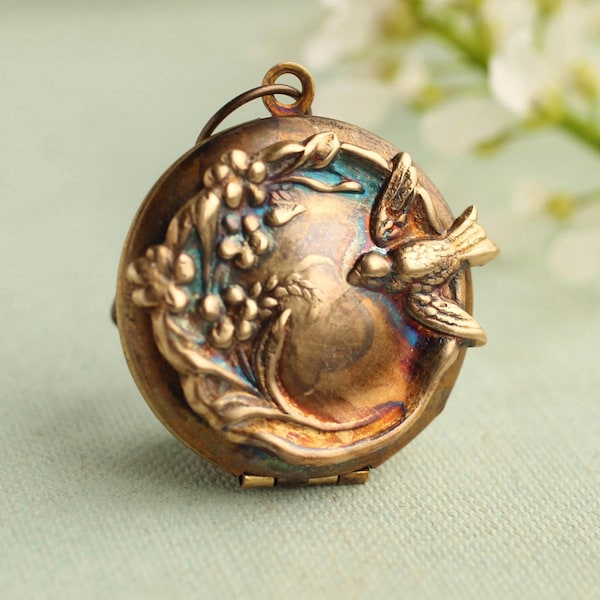Personalized Art Nouveau Bridal Locket Brooch: Antique Bronze Bird Bouquet, LKGP-121