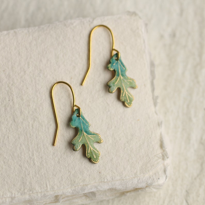 Turquoise Oak Leaf Earrings, Art Nouveau, Arts and Crafts Lily Pad, Green Leaf Earrings, Boho Turquoise Long Earrings, TINY OAK EAR image 4