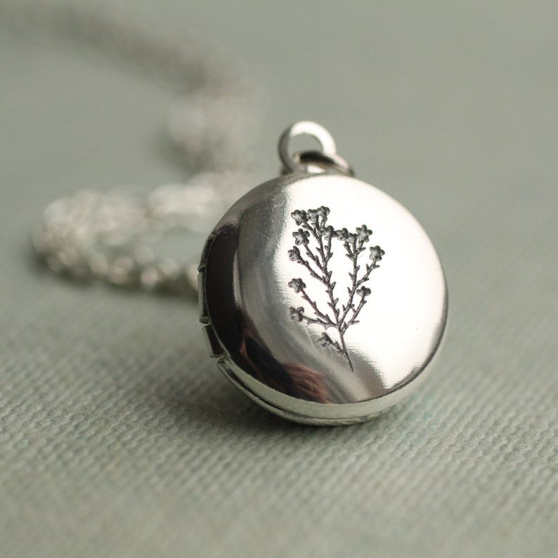 Flower Silver Photo Locket, Botanical Locket Necklace with Photos, Personalised Photo Necklace, Engraved Initial Necklace, TINY ROUND SILVER image 1