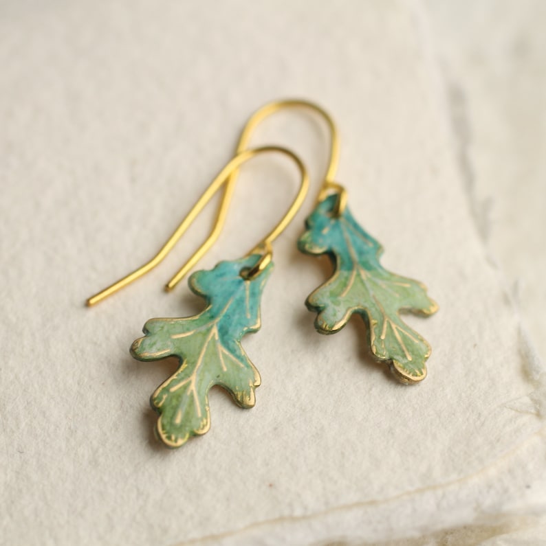 Turquoise Oak Leaf Earrings, Art Nouveau, Arts and Crafts Lily Pad, Green Leaf Earrings, Boho Turquoise Long Earrings, TINY OAK EAR image 2