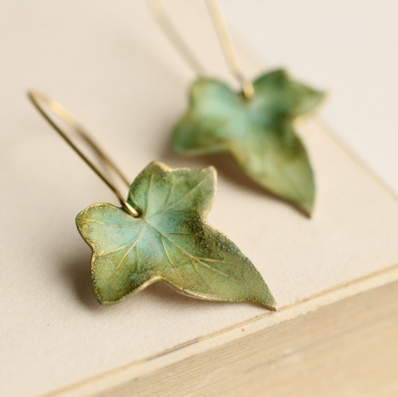 Olive Green Leaf Earrings Green Ivy Leaf Earrings Nouveau Boho