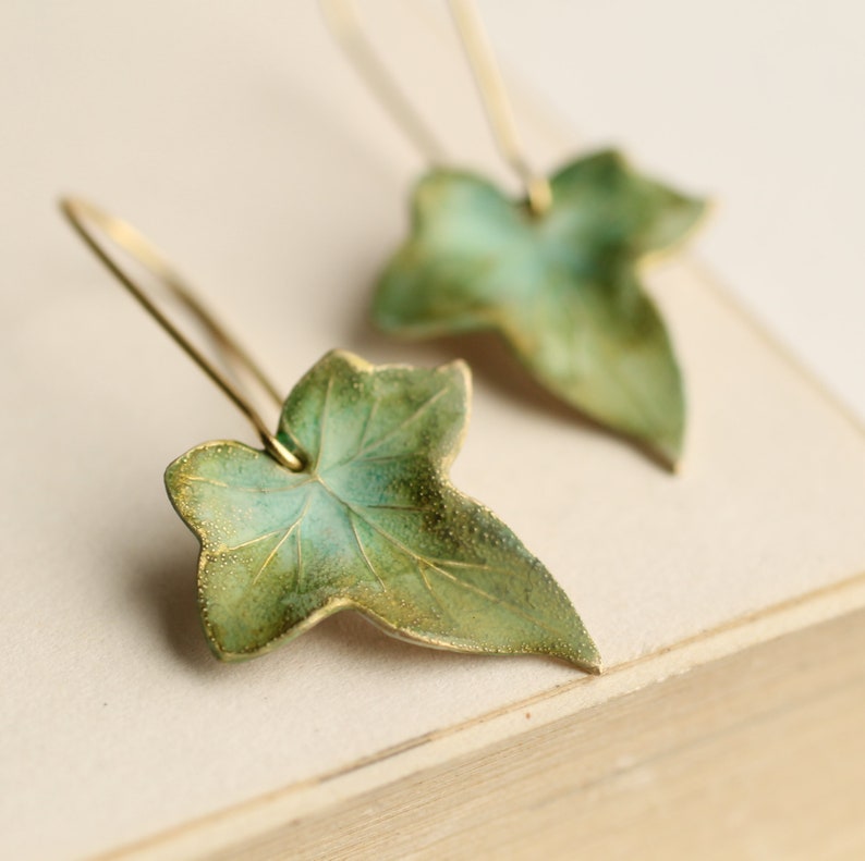 Olive Green Leaf Earrings, Green Ivy Leaf Earrings, Nouveau Boho Earrings, Autumn Long Earrings, Lily Pad, Boho Jewelry, OLIVE IVY EARRINGS zdjęcie 2