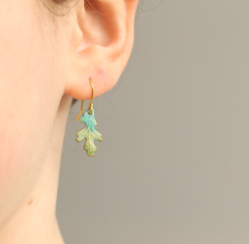 Turquoise Oak Leaf Earrings, Art Nouveau, Arts and Crafts Lily Pad, Green Leaf Earrings, Boho Turquoise Long Earrings, TINY OAK EAR image 3