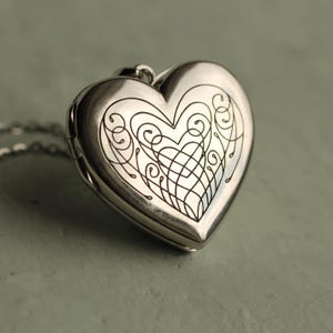 Engraved Sterling Silver Heart Locket Necklace: Personalized Photo Memorial, LKST-21
