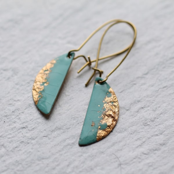 Art Deco Enamel Earrings, Duck Egg Blue, Robin Egg Earrings, Seafoam Earrings, Real Gold Leaf Turquoise Green Seafoam Gold, SEAFOAM ENAMEL