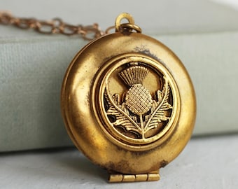 Gold Thistle Locket with Photos, Personalized Scottish Necklace with Engraving, LKGP-26