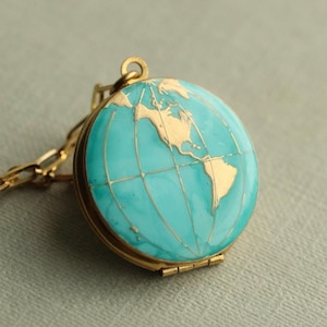 World Map Locket Necklace: Personalised Travel Locket with Turquoise Enamel LKGP-35