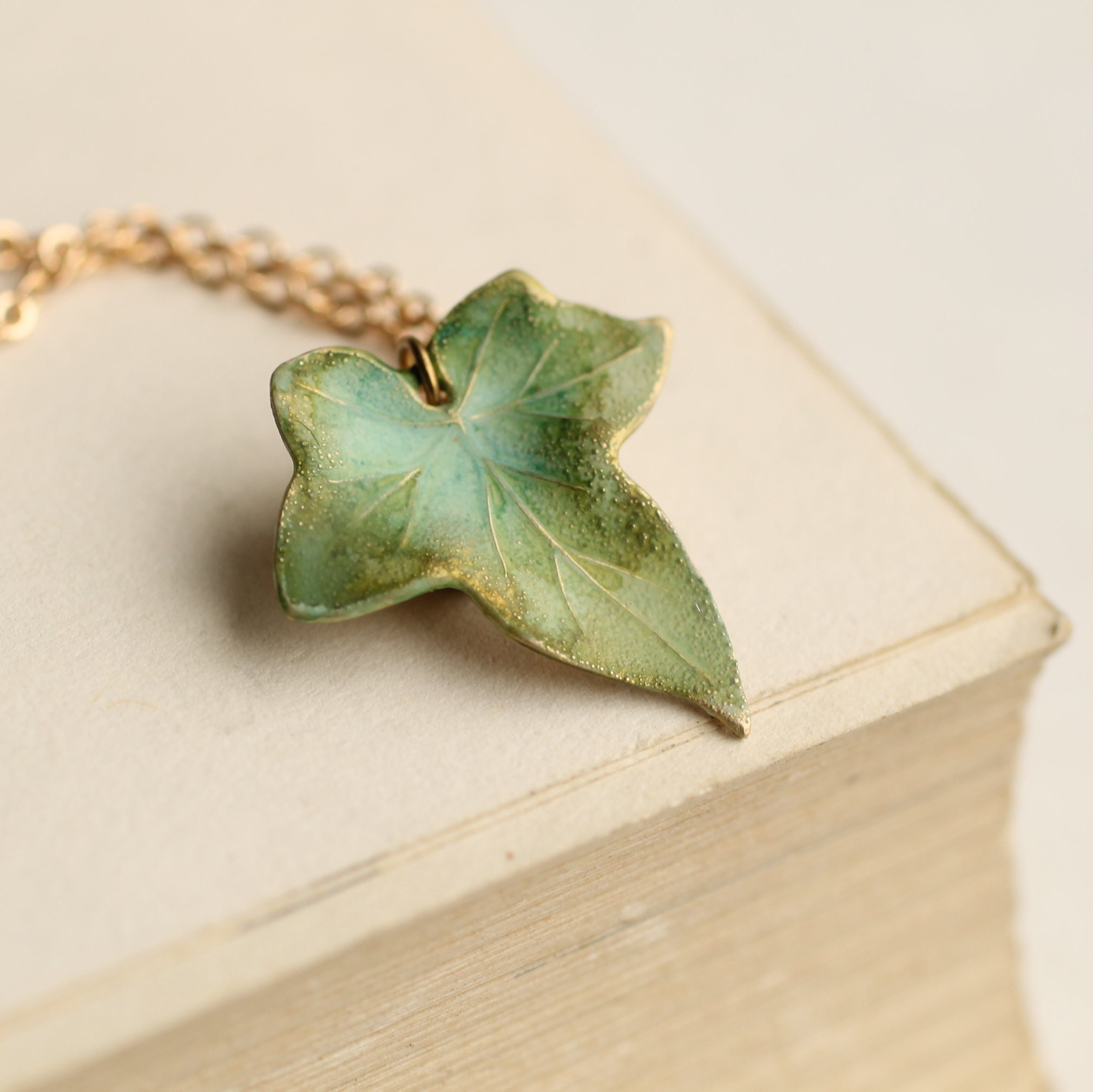 Olive Green Leaf Necklace: Hand Enamelled Woodland Ivy Pendant