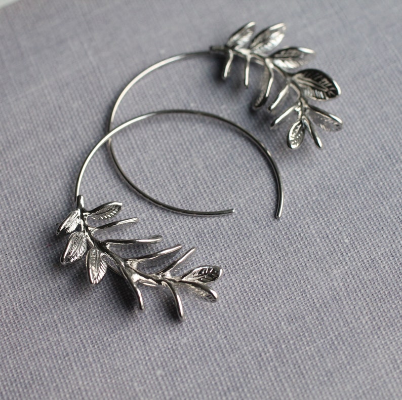 Rosemary Hoop Earrings, Gold Leaf Hoop Earrings, Twig Branch Earrings, Nature Plant Leaf Eearrings, Woodland Earrings, ROSEMARY HOOPS zdjęcie 7