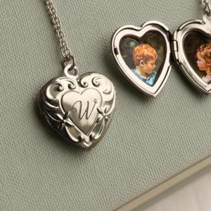 Art Nouveau Heart Locket Necklace: Silver Initial Engraving, Personalized Photo LKSP-6