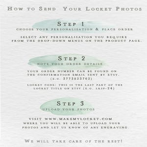 The image is a product page for a service that allows users to send their locket photos. The page provides step-by-step instructions on how to send photos, including choosing a personalisation, placing an order, and sending the order details. It also provides a link to the confirmation email sent by Etsy for the order number. The page emphasizes the importance of taking care of the rest and encourages users to visit the website for further information.
