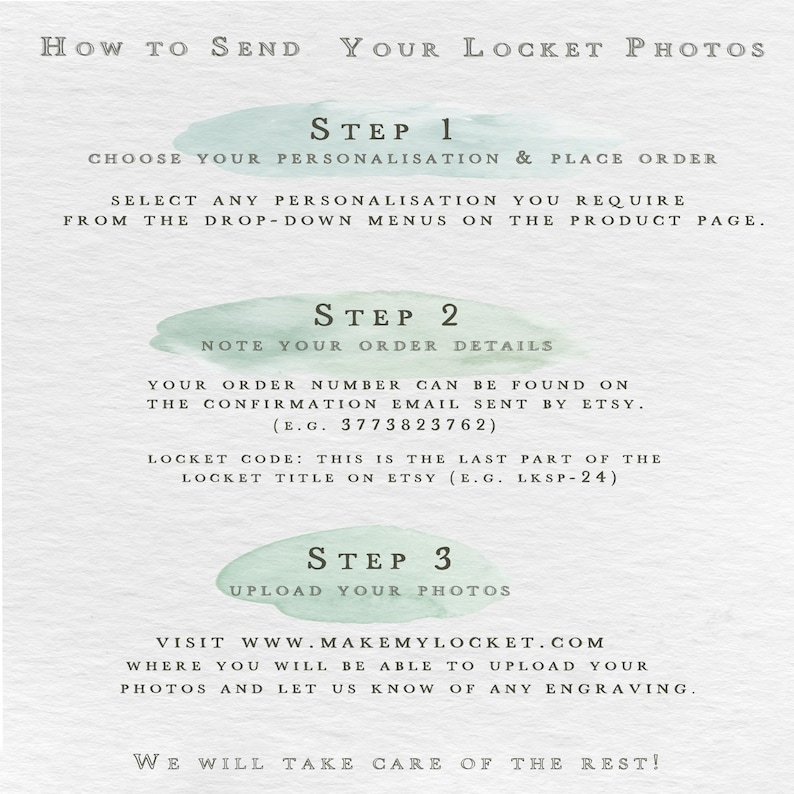 The image is a product page for a service that allows users to send their locket photos. The page provides step-by-step instructions on how to send photos, including choosing a personalisation, placing an order, and sending the order details. It also provides a link to the confirmation email sent by Etsy for the order number. The page emphasizes the importance of taking care of the rest and encourages users to visit the website for further information.