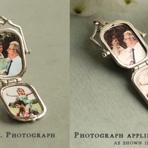 The image is a collage of two photographs, one of a traditional photograph and the other of a photograph applied to silver, as shown in video.