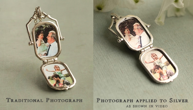 The image is a collage of two photographs, one of a traditional photograph and the other of a photograph applied to silver, as shown in video.