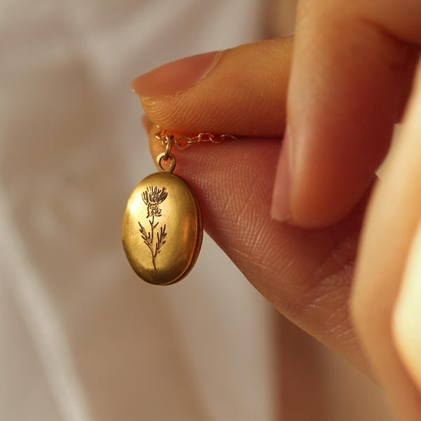 Personalized Engraved Locket Necklace with Photos: Thistle Flower Miniature Pendant, LKGP-2