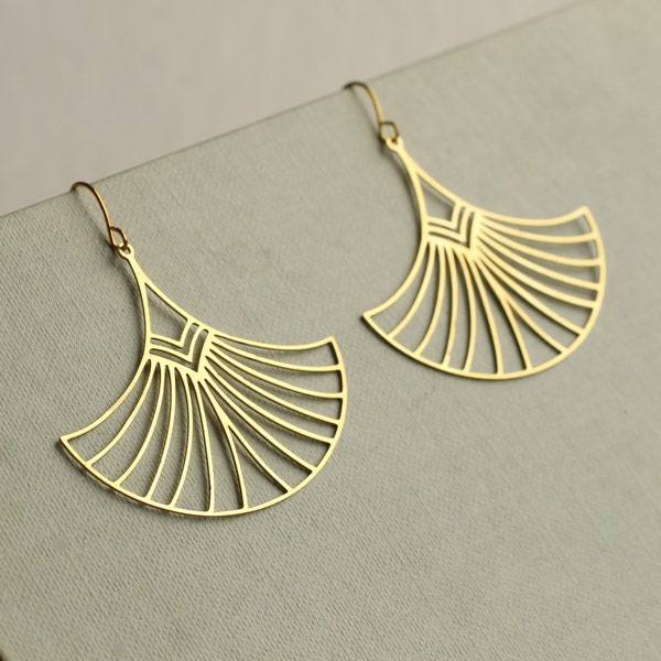 Fan Earrings, Long Statement Art Deco Teardrop Earrings, Geometric Art Deco Gold Drop Earrings, AZTEC FAN EARRINGS