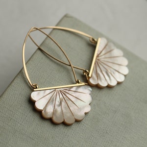 Art Deco Pearl Hoop Earrings: Carved Mother of Pearl Bridal Jewelry