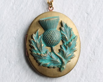 Scottish Thistle Locket .. Personalized Vintage Necklace Pendant Oversized Brass, LARGE THISTLE LOCKET