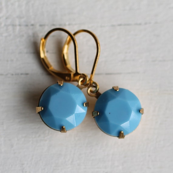 Items similar to Sky Blue Earrings Vintage Aqua Turquoise Glass Gold Earrings on Etsy