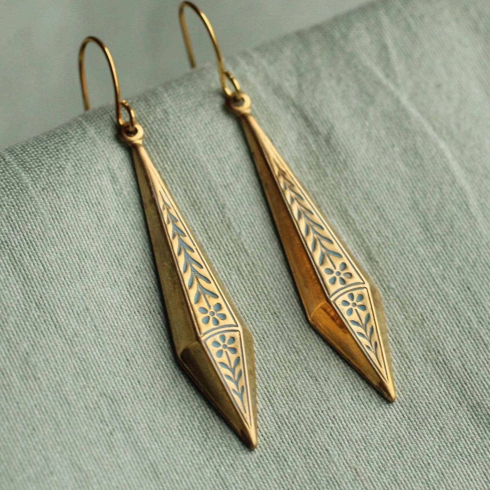 Boucles D'oreilles Pendantes Vintage Art Nouveau - Cristal Swarovski & Laiton Doré - Fait Main