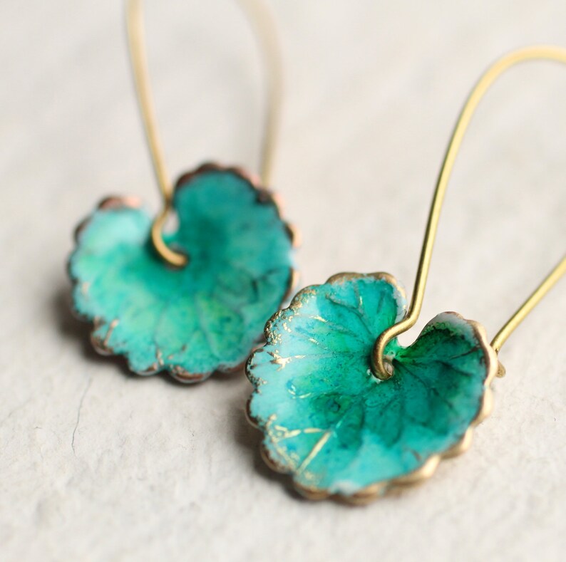 Green Leaf Earrings Boho Turquoise Lily Pad Long Earrings Etsy