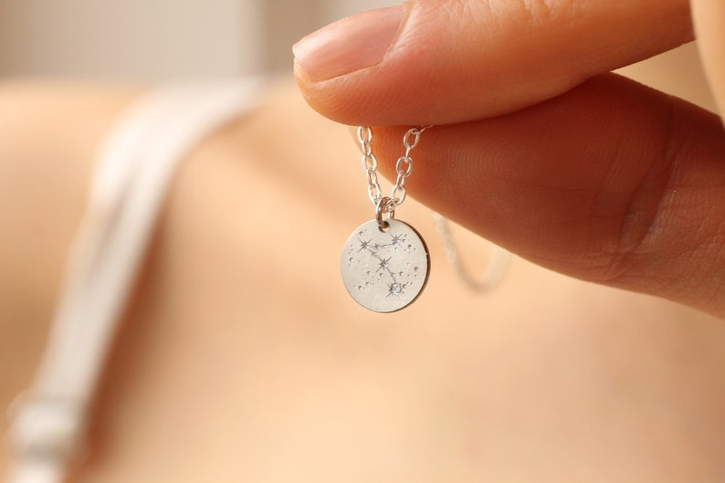 Sterling Silver Zodiac Star Sign Necklace, Tiny Charm Necklace, Personalised Constellation Gift, Astrology Jewelry Gift, TINY ZODIAC DISC image 1