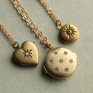 Personalized Celestial Locket Necklaces, Star Photo Lockets, Solid Brass Jewelry (LK-72)