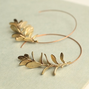 Rosemary Hoop Earrings, Gold Leaf Hoop Earrings, Twig Branch Earrings, Nature Plant Leaf Eearrings, Woodland Earrings, ROSEMARY HOOPS