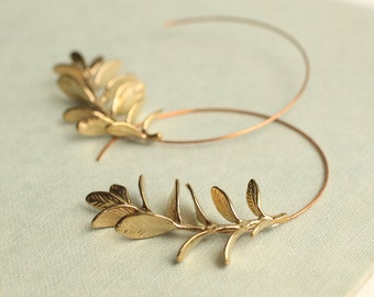 Rosemary Hoop Earrings, Gold Leaf Hoop Earrings, Twig Branch Earrings, Nature Plant Leaf Eearrings, Woodland Earrings, ROSEMARY HOOPS